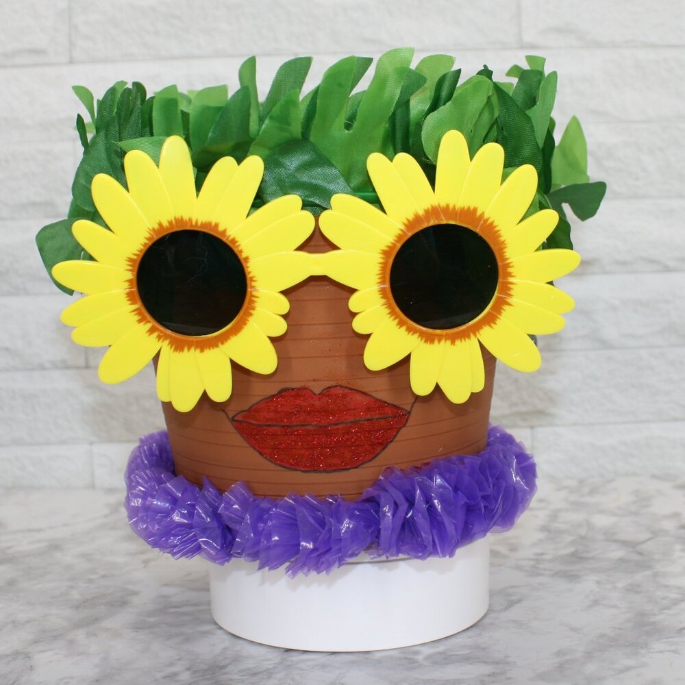 HAND CRAFTED Pot Head Yellow Floral Planter Upcycled Lady Face Luau Decor Daisy